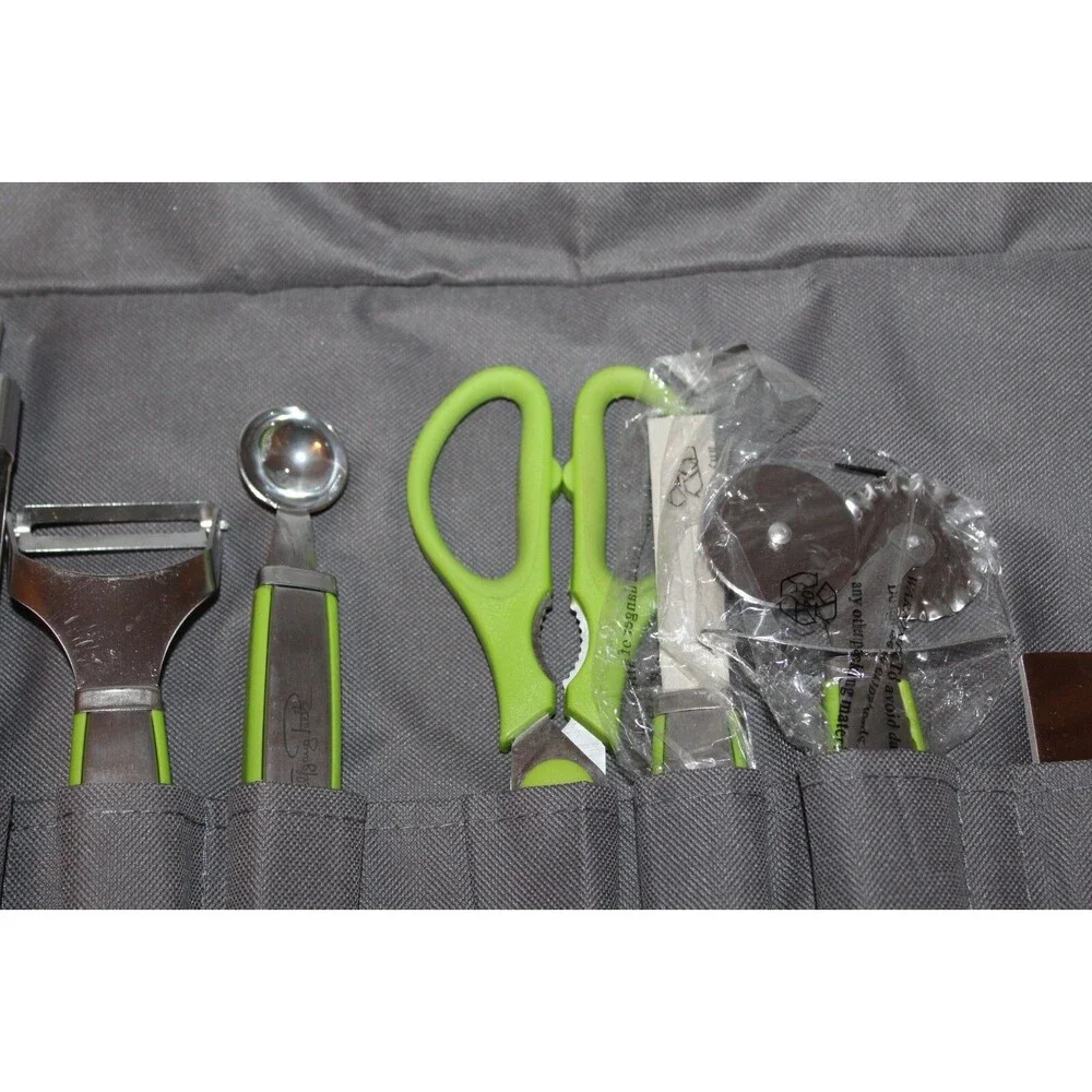 Wolfgang Puck Roll Up Carrying Case Garnish Bar Set Lots of Pieces NEW Green